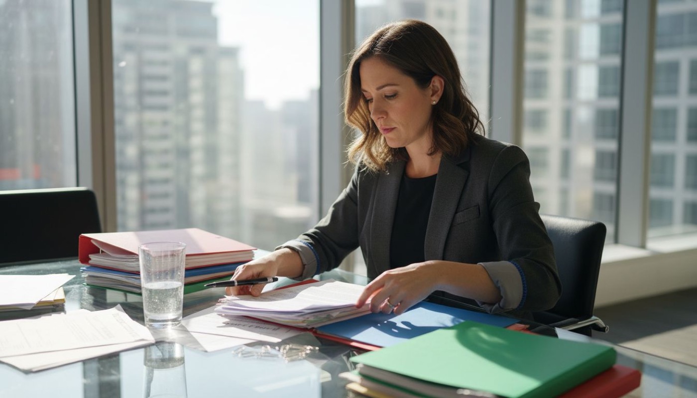 Legal advisor reviewing cannabis compliance files