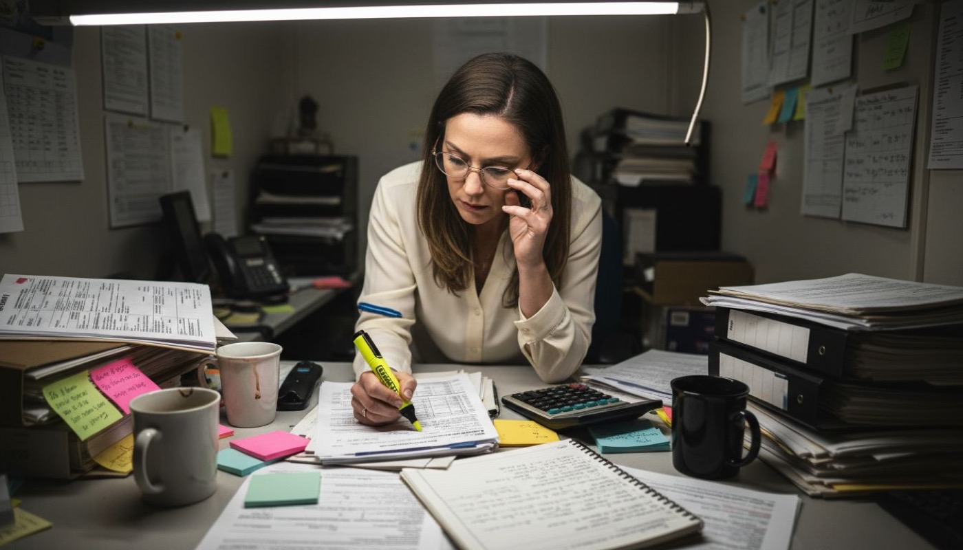 Accountant working through dense tax documents