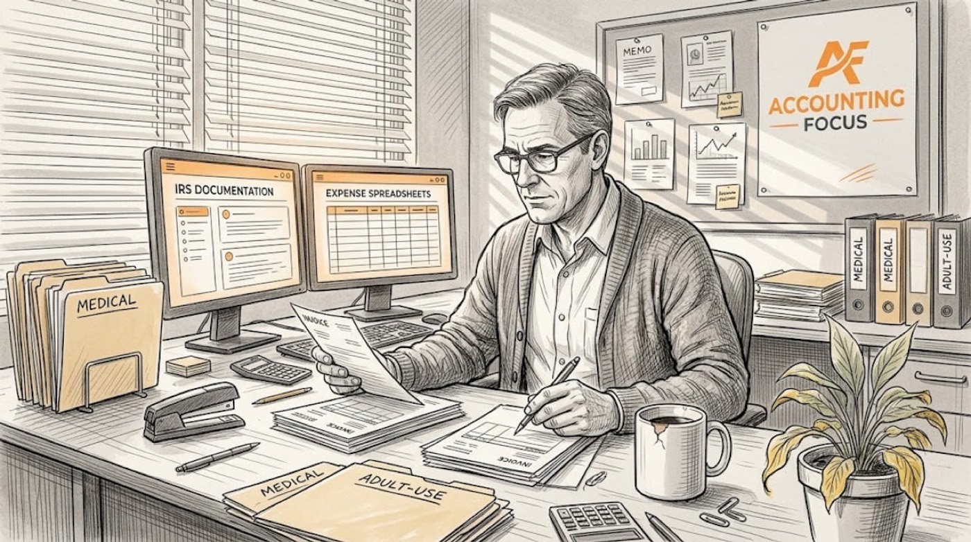 Accountant sorting cannabis business papers at office desk