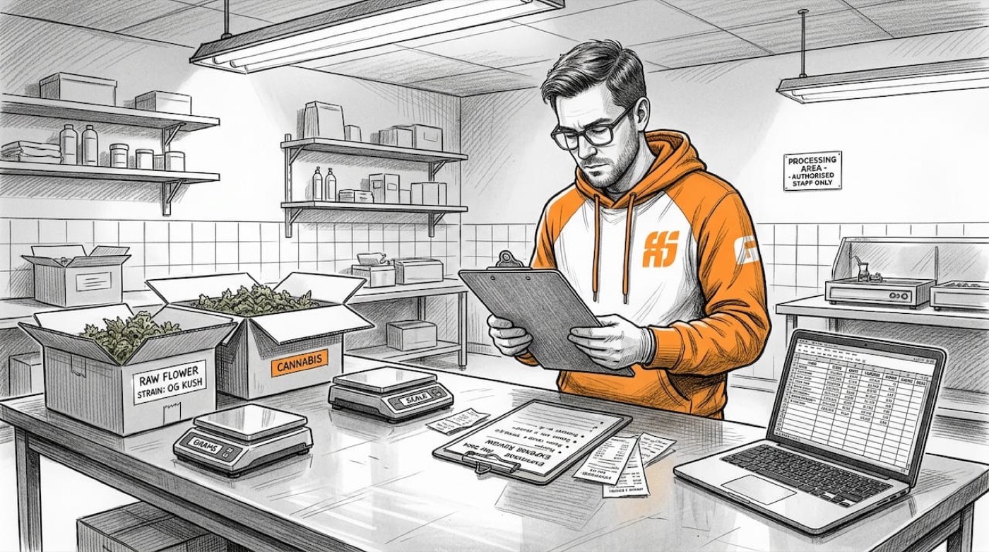 Cannabis production manager reviewing accounting paperwork