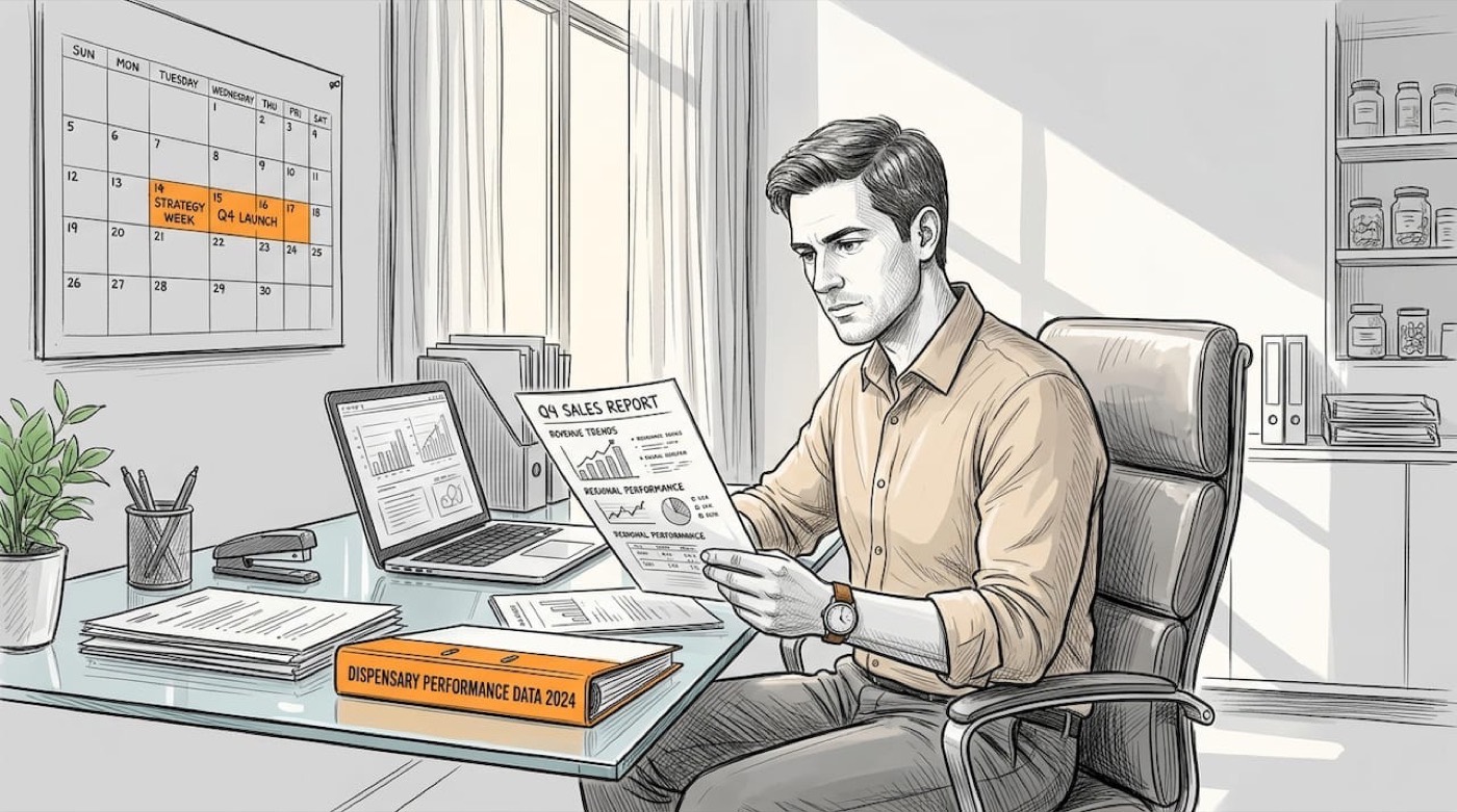 Office worker reviews sales paperwork at dispensary desk