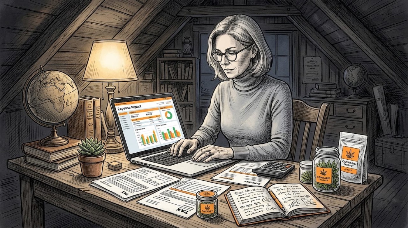 Accountant sorting cannabis expenses at desk