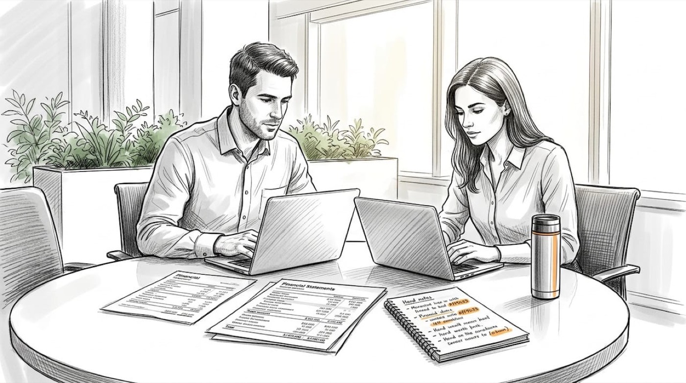 Colleagues reconciling financial data at office table