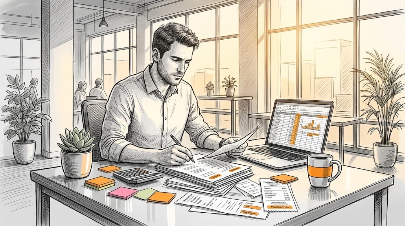 Cannabis business manager reviews tax paperwork at desk