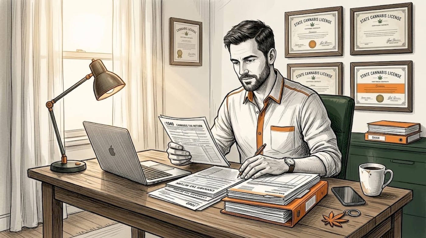 Man sorting tax forms in home office with licenses