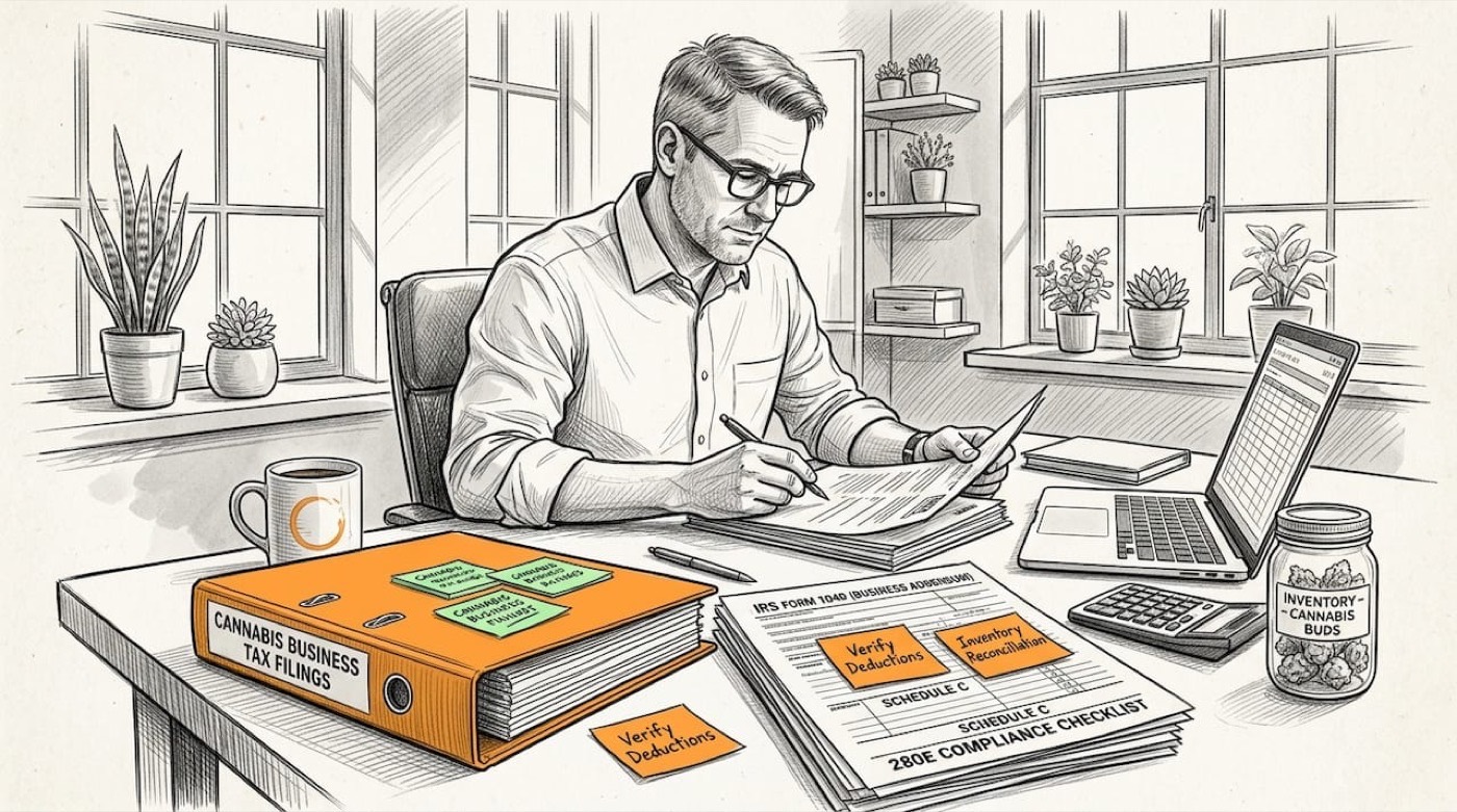 Accountant reviews tax paperwork at office desk