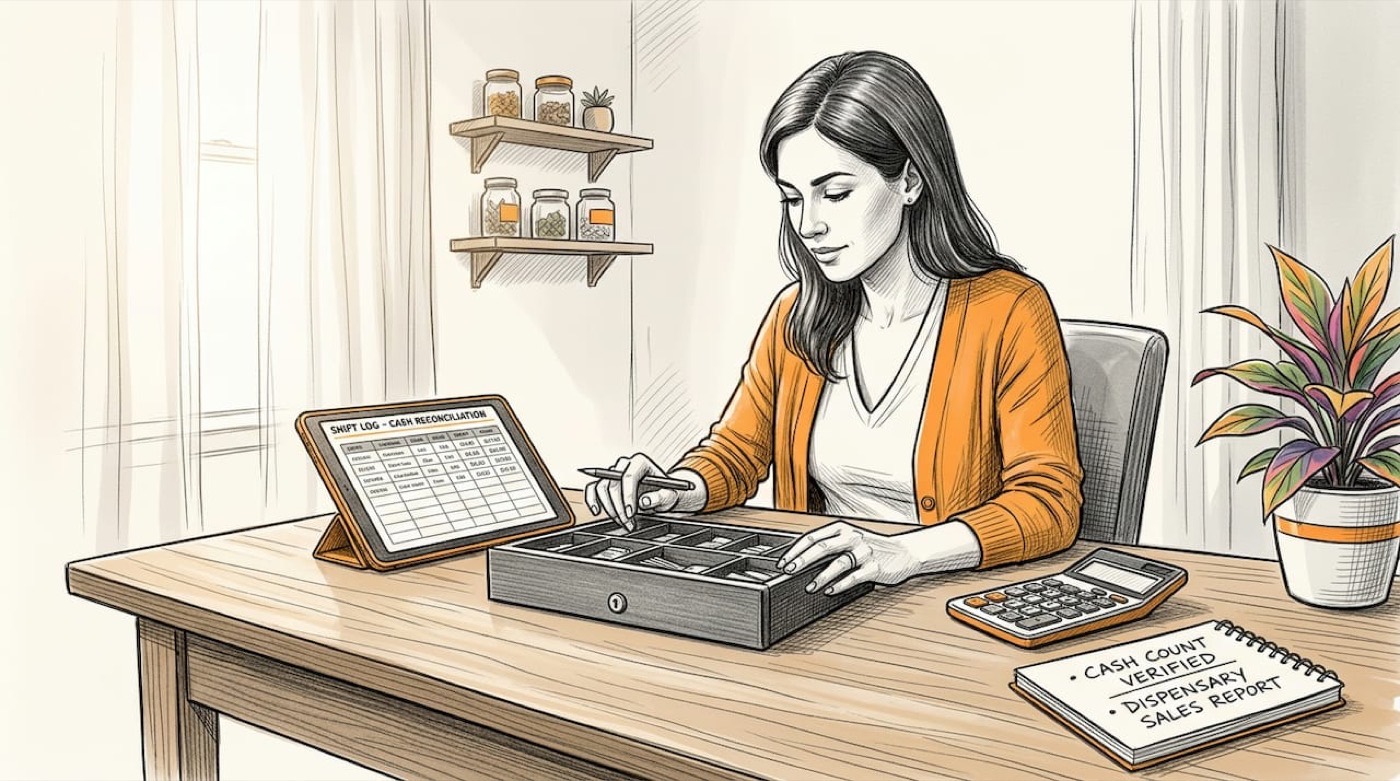 Manager verifying cash in dispensary back office