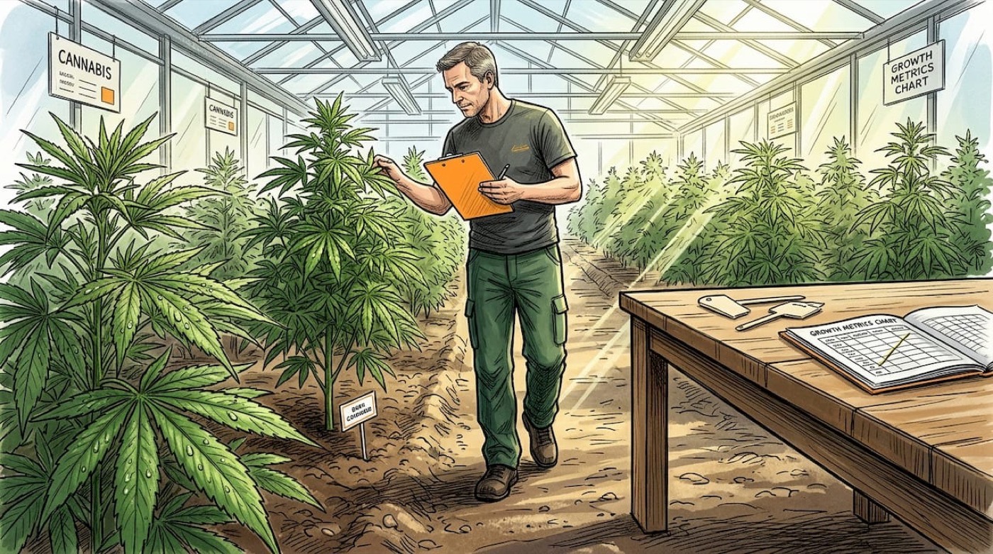 Manager tracking plants in greenhouse work area