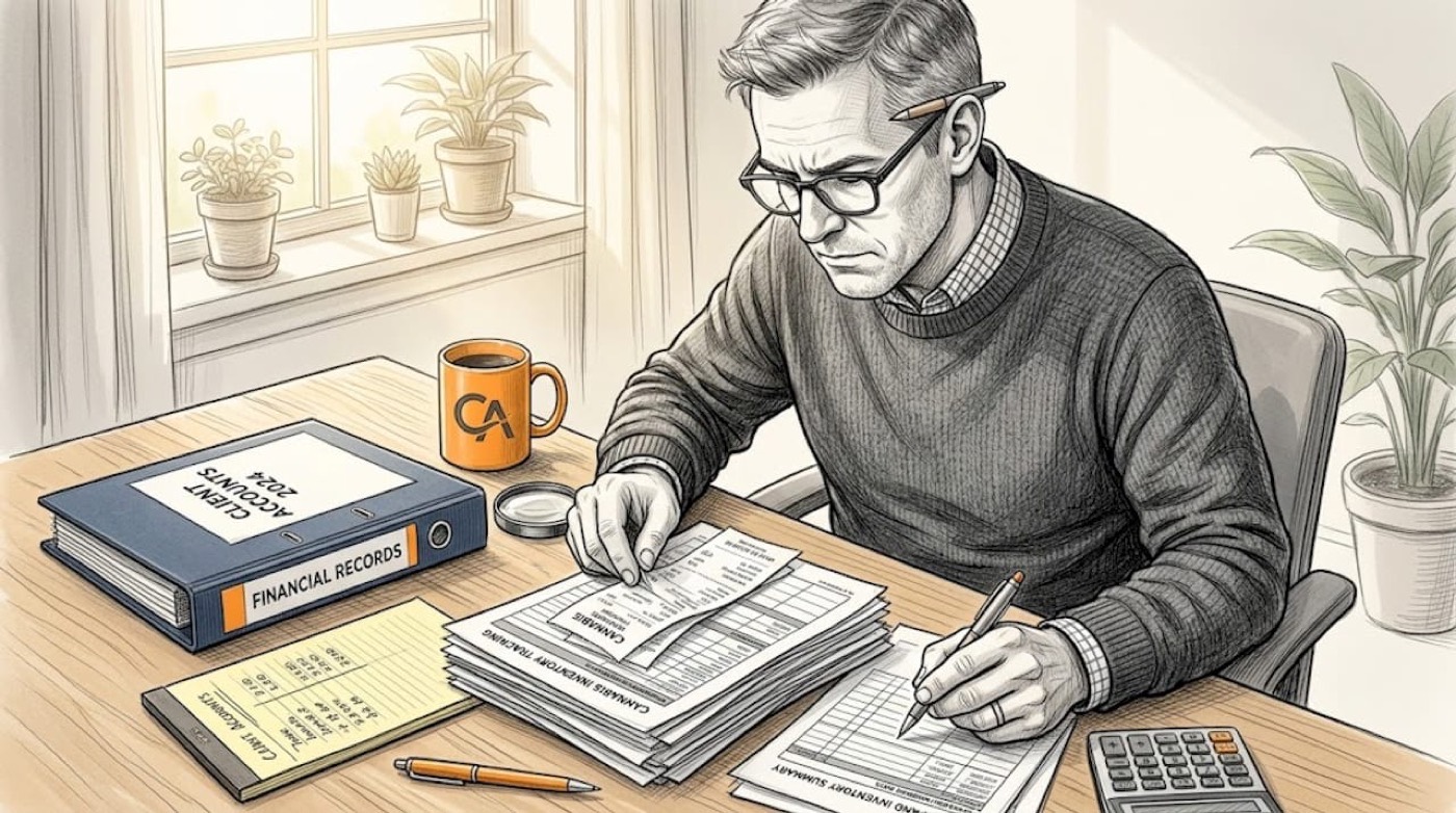 Accountant reviews cannabis paperwork at cluttered desk