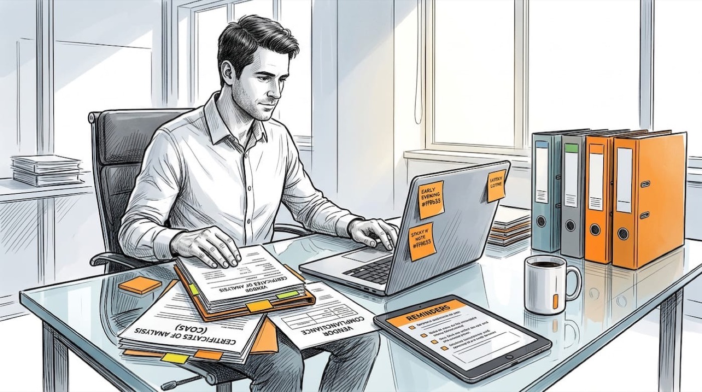 Manager reviews vendor compliance files at desk
