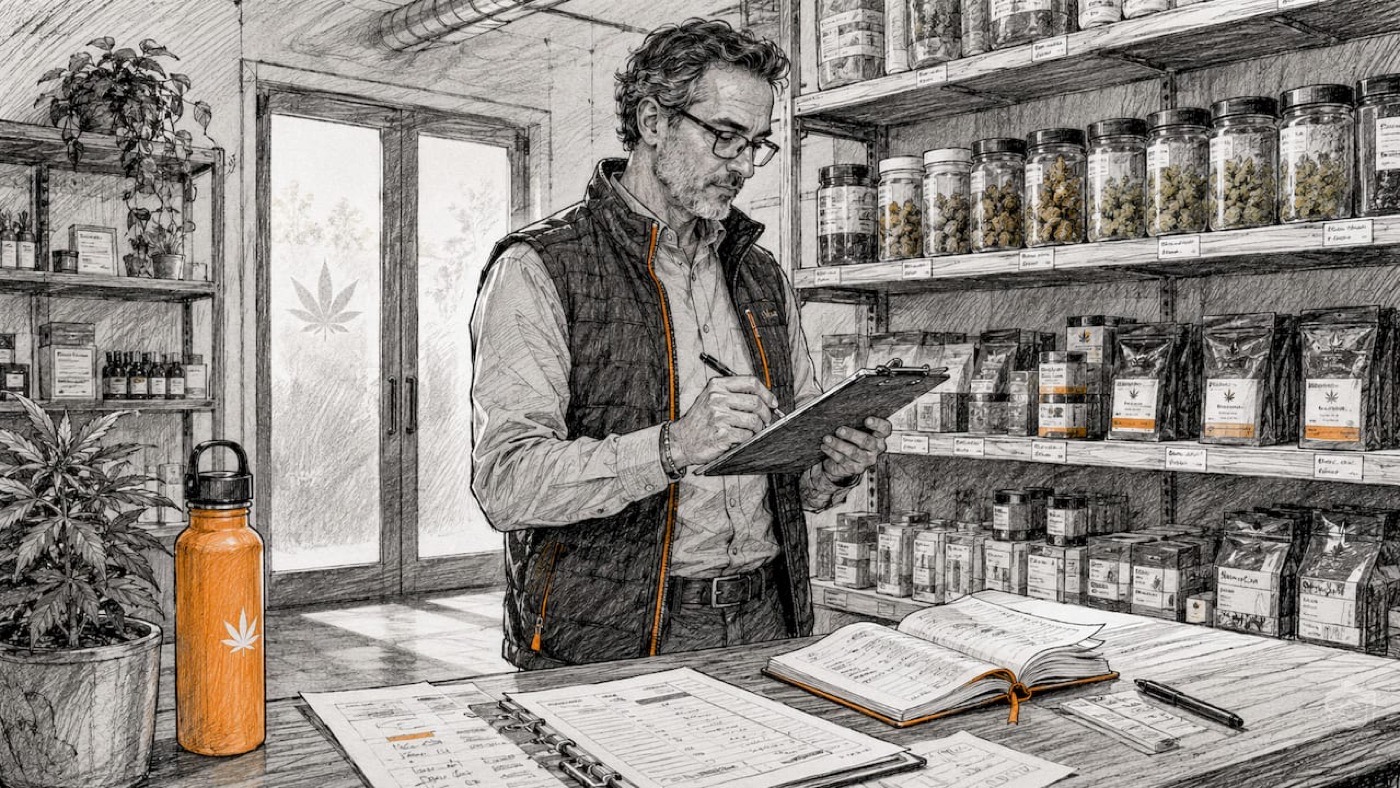 Inventory manager reviewing cannabis stock in storeroom