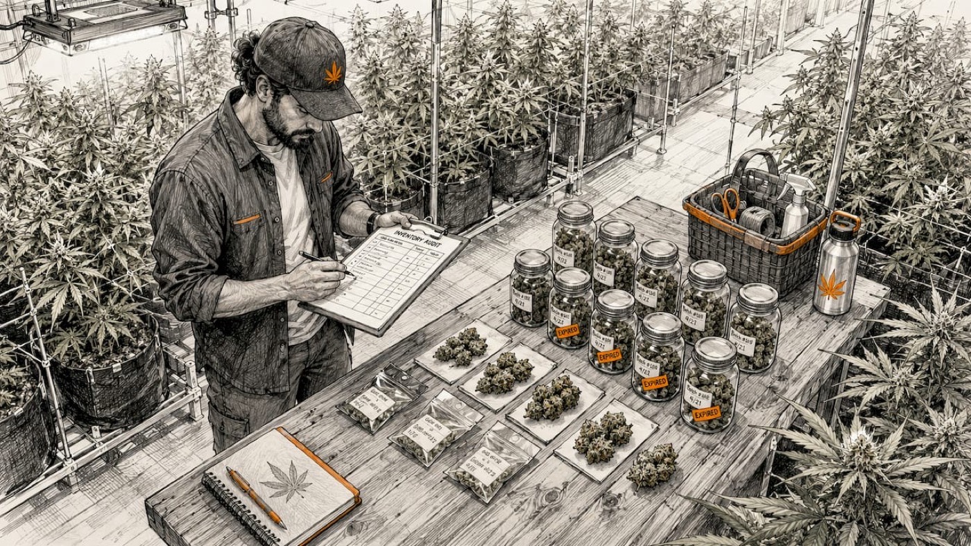 Cannabis operator auditing inventory in office