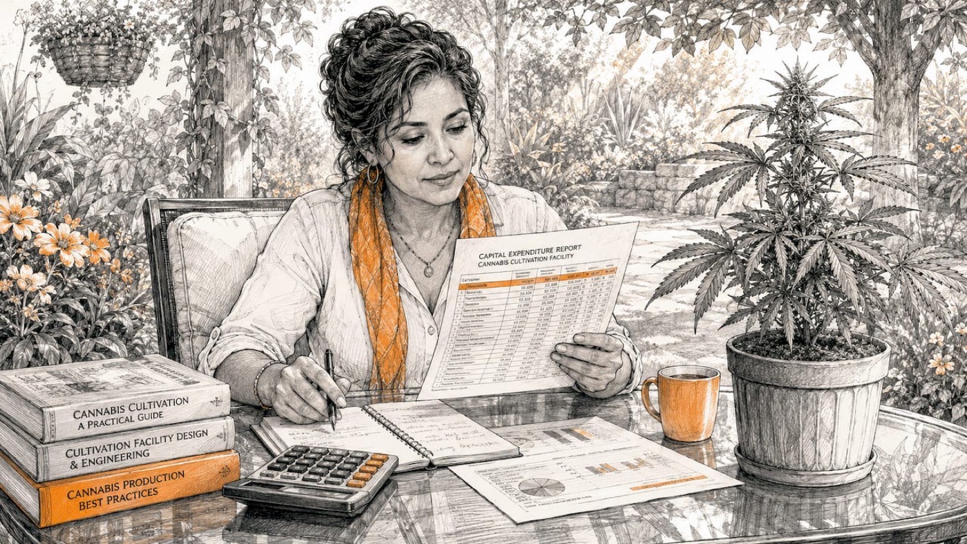 Accountant reviewing cannabis cultivation finances in office